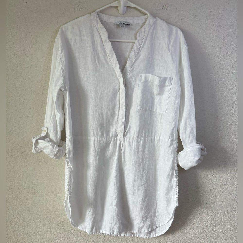 Pure Navy 100% Linen White Tunic Top S Roll Tab Sleeve Split Neck Blouse Coastal